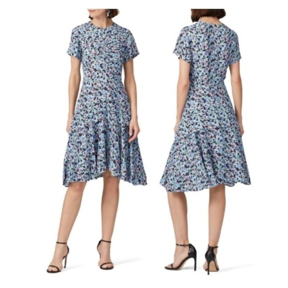 Jason Wu Collection Blue Floral Ruched Tiered Midi Dress - Size 4‎